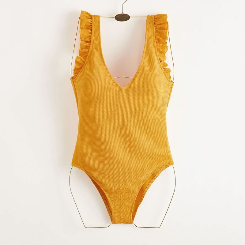 

Frill Trim One Piece Swimsuit, Mustard yellow