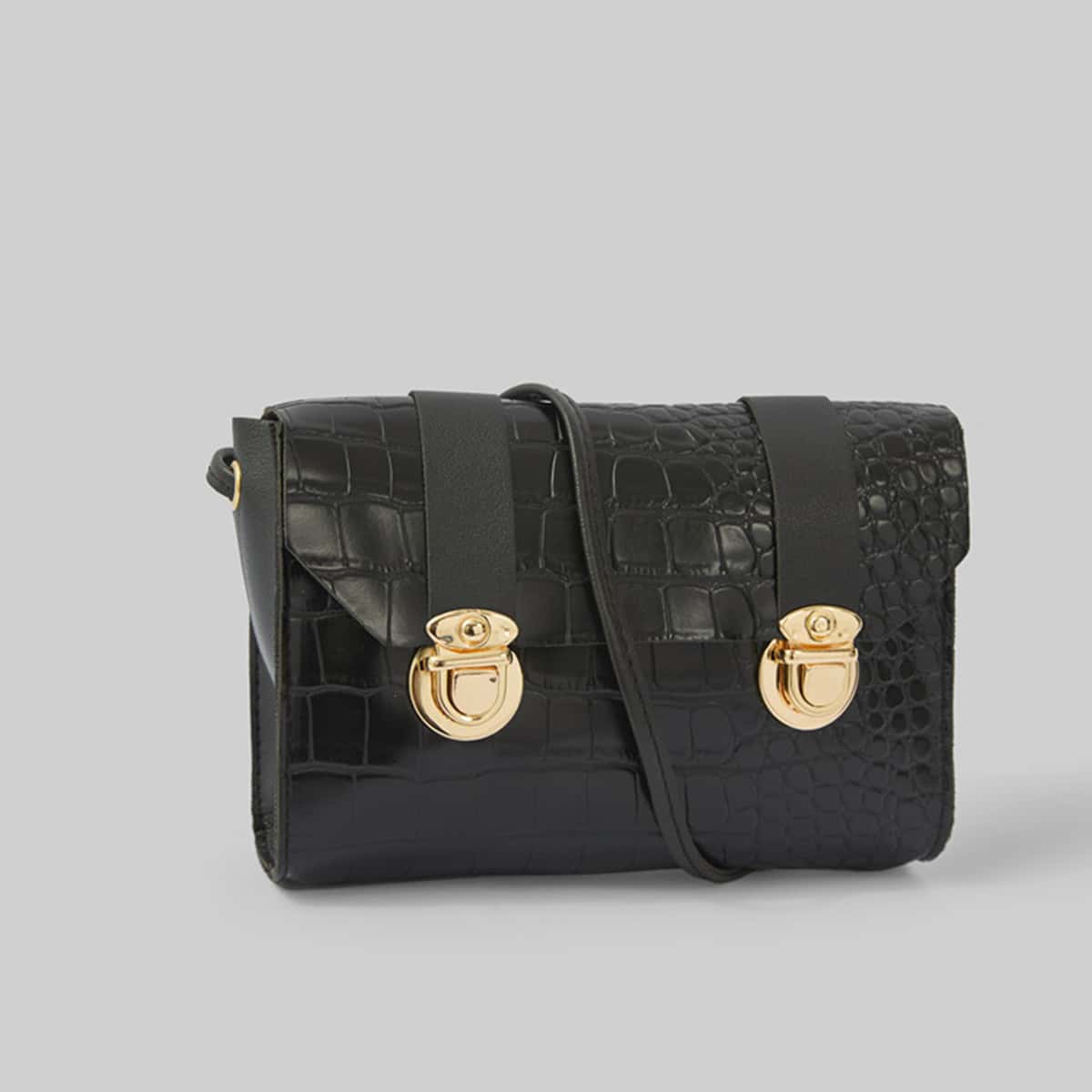 

Croc Embossed Push Lock Crossbody Bag, Black