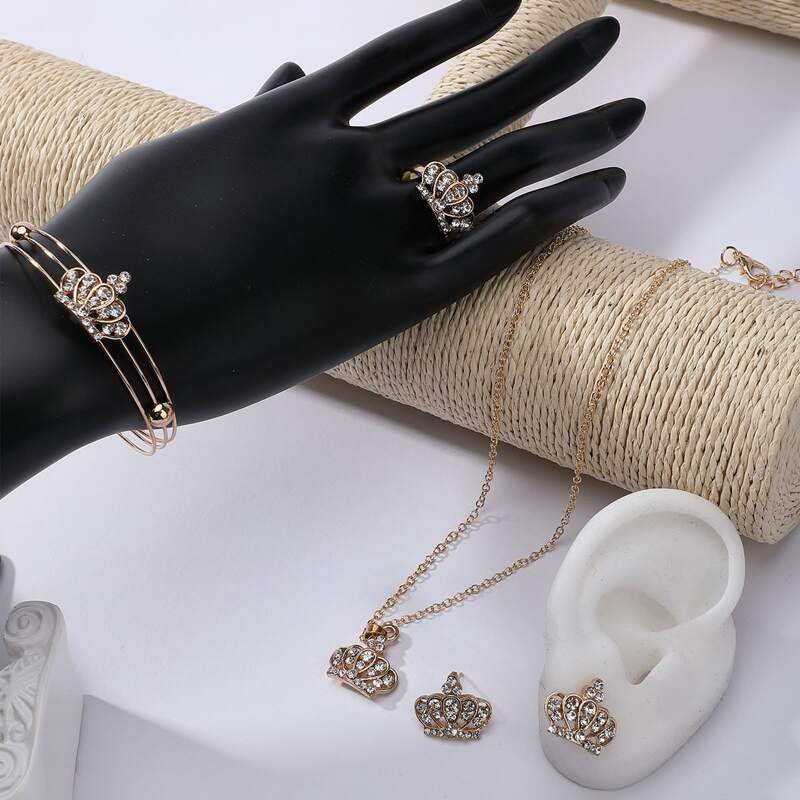 

5pcs Rhinestone Crown Decor Jewelry Set, Gold