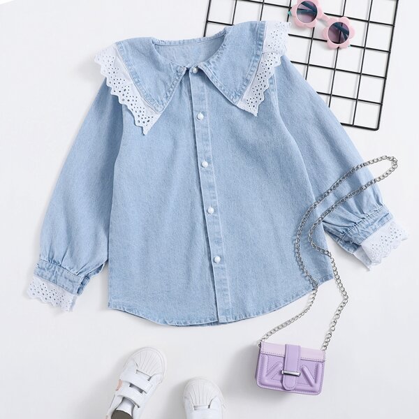

Girls Schiffy Panel Sailor Collar Denim Top, Light wash
