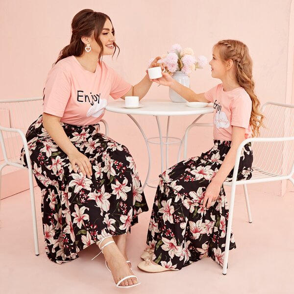 

Girls Letter Graphic 1 Top & Frill Trim Floral Print 1 Skirt Set, Multicolor