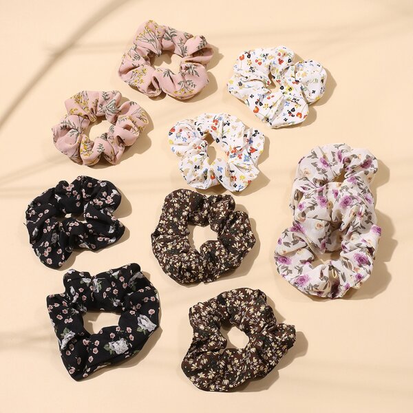 

10pcs Floral Print Pleated Scrunchie, Multicolor