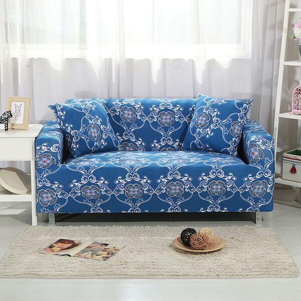 

Flower Print Sofa Cover & 1pc Cushion Cover Without Filler, Blue