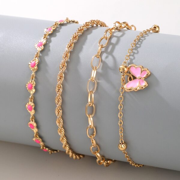 

4pcs Girls Butterfly Charm Chain Bracelet, Gold