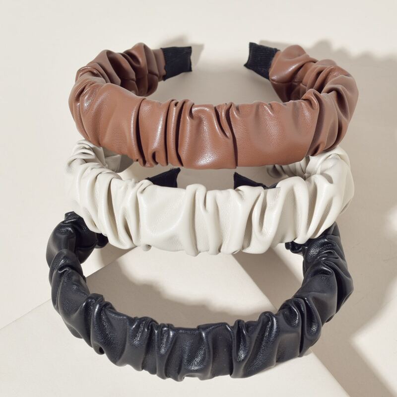 

3pcs Pleated PU Leather Headband, Multicolor