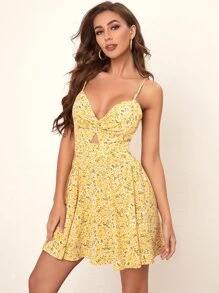 Soleia 扭結前挖空後繫帶小雛菊花卉圖案夏裝裙 - 黃色 - 查看 4