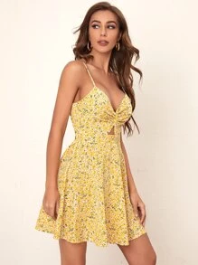 Soleia 扭結前挖空後繫帶小雛菊花卉圖案夏裝裙 - 黃色 - 查看 5