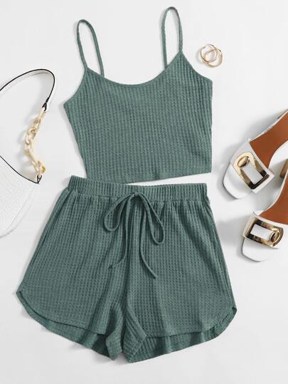 SHEIN EZwear Waffle Knit Crop Cami Top & Knot Waist Shorts Set