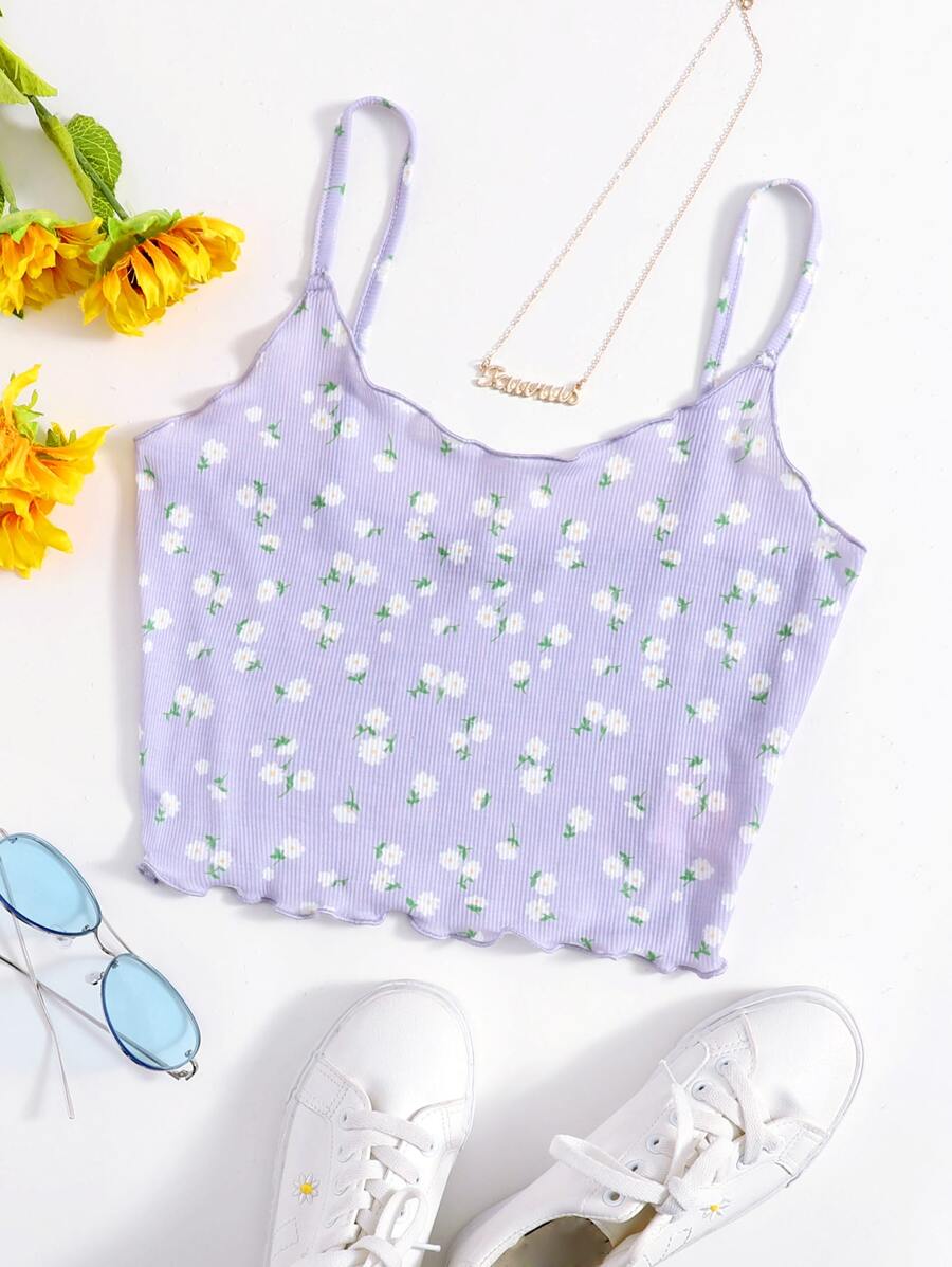 SHEIN Qutie Lettuce Edge Daisy Floral Cami Top - Lilac Purple - View 1