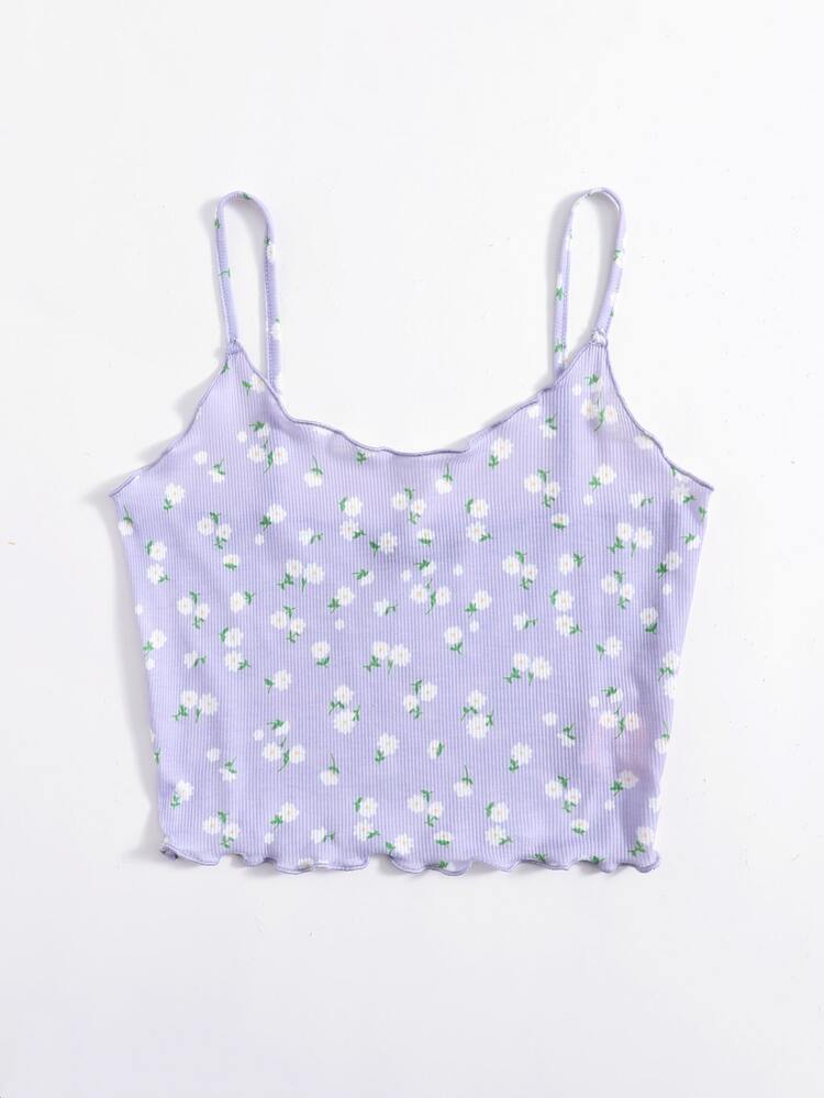 SHEIN Qutie Lettuce Edge Daisy Floral Cami Top - Lilac Purple - View 5