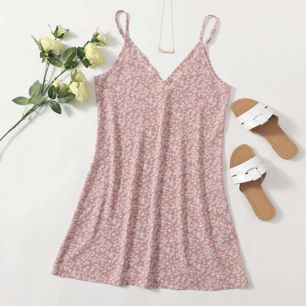 

Double V Neck Ditsy Floral Cami Dress, Dusty pink