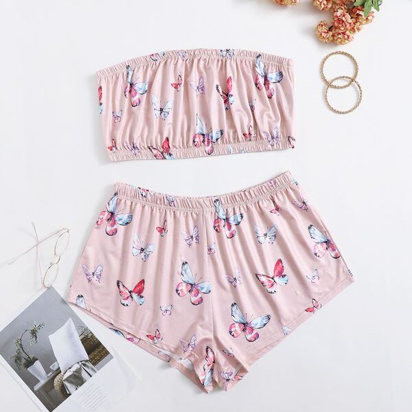 

Plus Butterfly Print Bandeau Top & Shorts PJ Set, Dusty pink