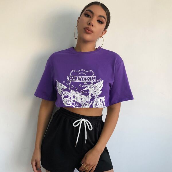 

Drop Shoulder Letter Graphic Crop Tee, Violet purple