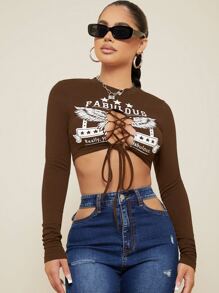 SHEIN SXY 前繫帶字母圖案短版上衣 - 咖啡棕 - 查看 1