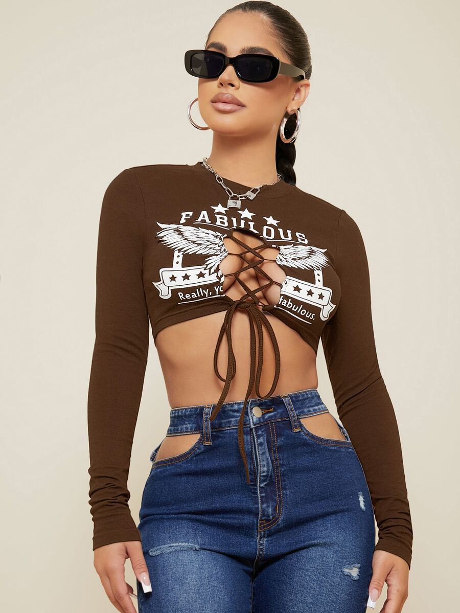 SHEIN SXY 前繫帶字母圖案短版上衣 - 咖啡棕 - 查看 1