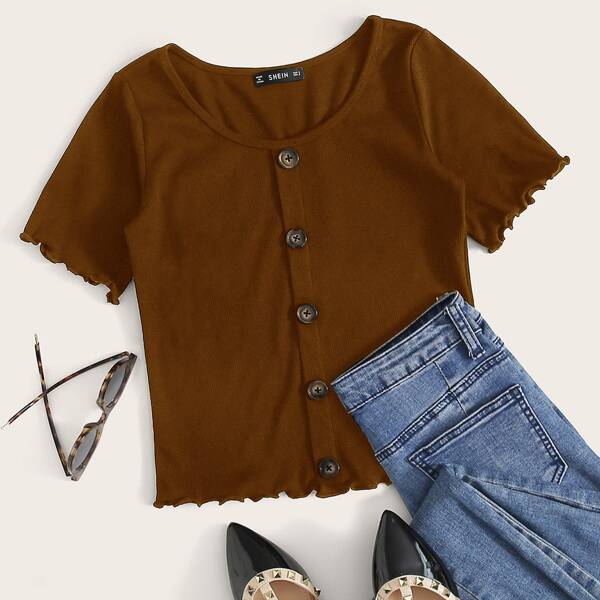 

Button Front Lettuce Trim Tee, Coffee brown