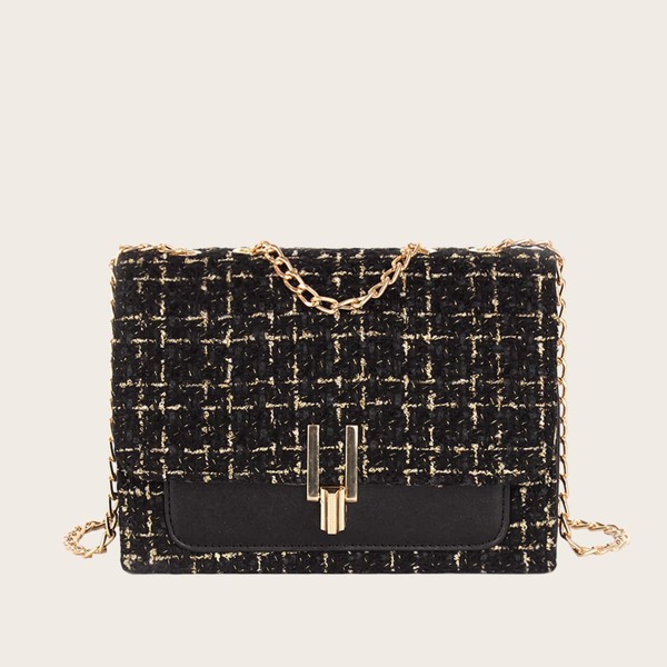 

Metal Lock Tweed Shoulder Bag, Black