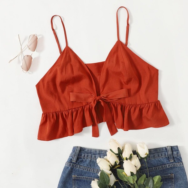 

Plus Tie Front Ruffle Hem Cami Top, Orange