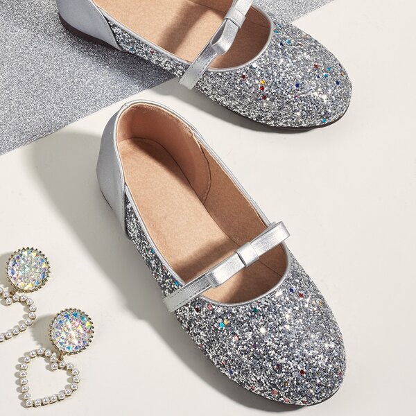 

Girls Bow Decor Glitter Flats, Silver
