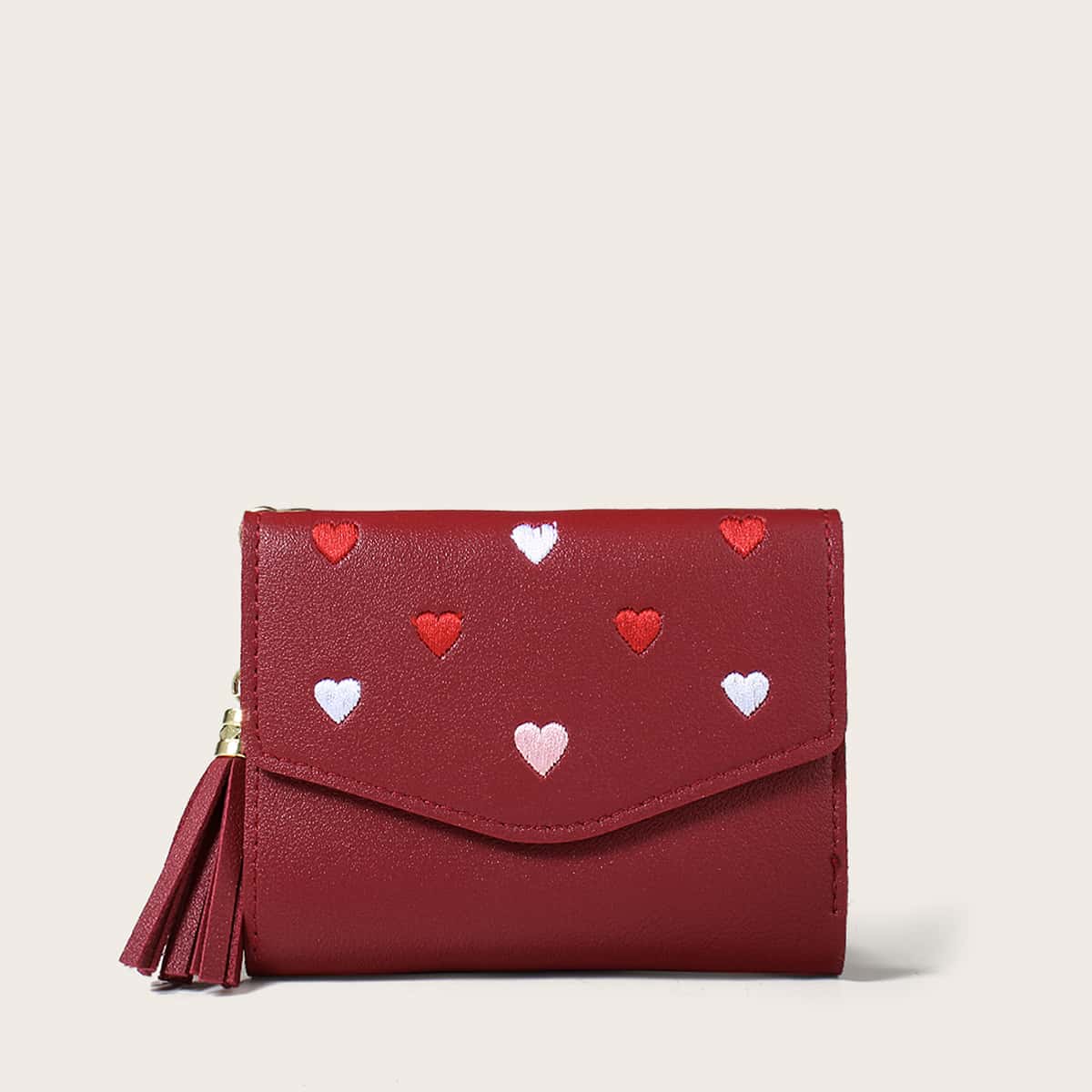 

Tassel Decor Heart Embroidered Small Wallet, Red