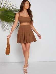 SHEIN Textured Knit Godet Skirt - Brown - View 1