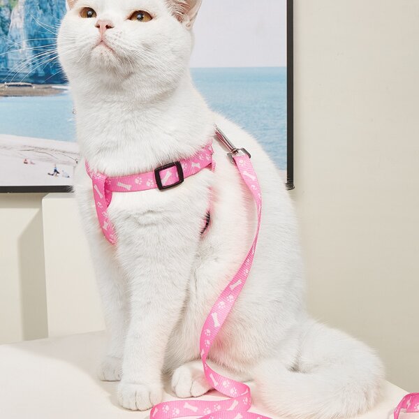 

1pc Paw Print Pet Harness & 1pc Pet Leash, Pink