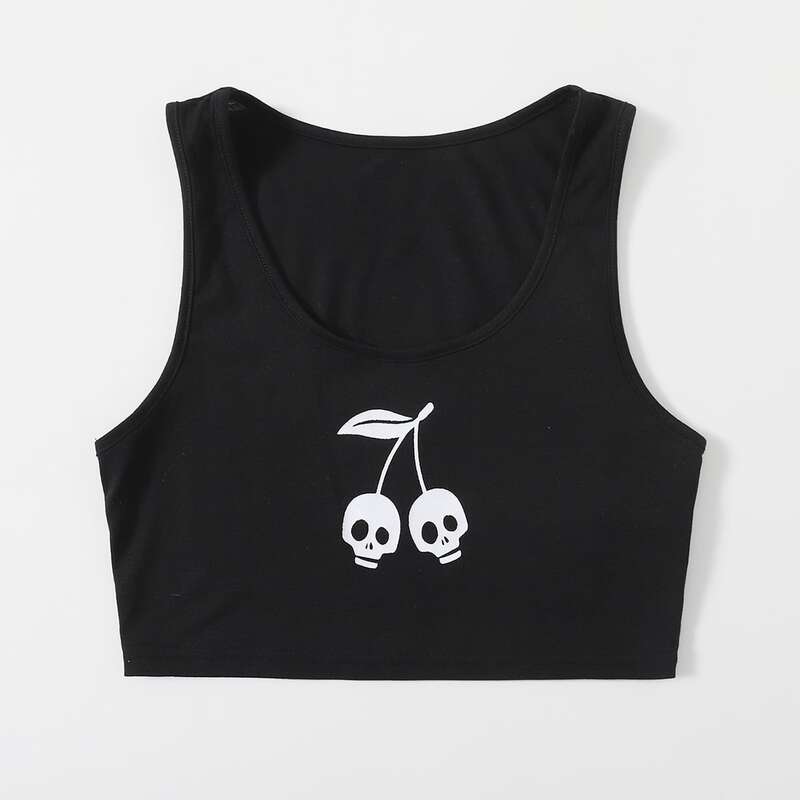 

Skull Print Crop Tank Top, Black
