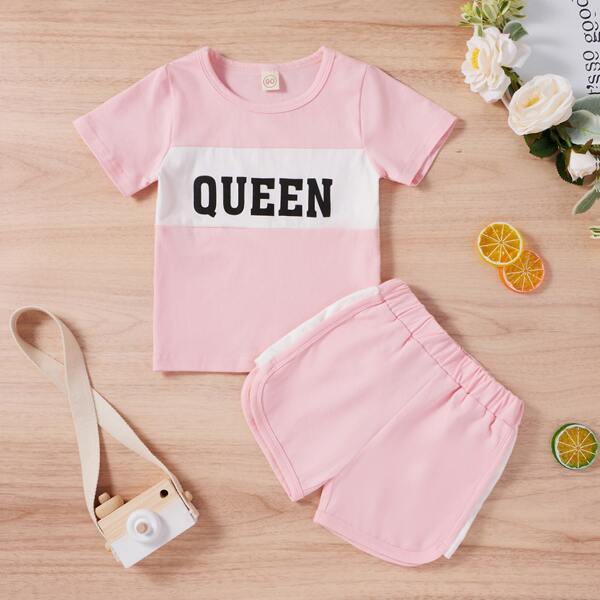 

Toddler Girls Letter Graphic Tee With Track Shorts, Baby pink