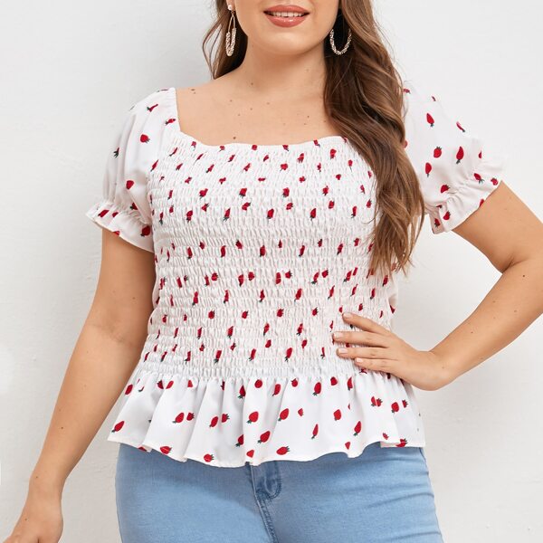 

Plus Allover Strawberry Shirred Milkmaid Blouse, White