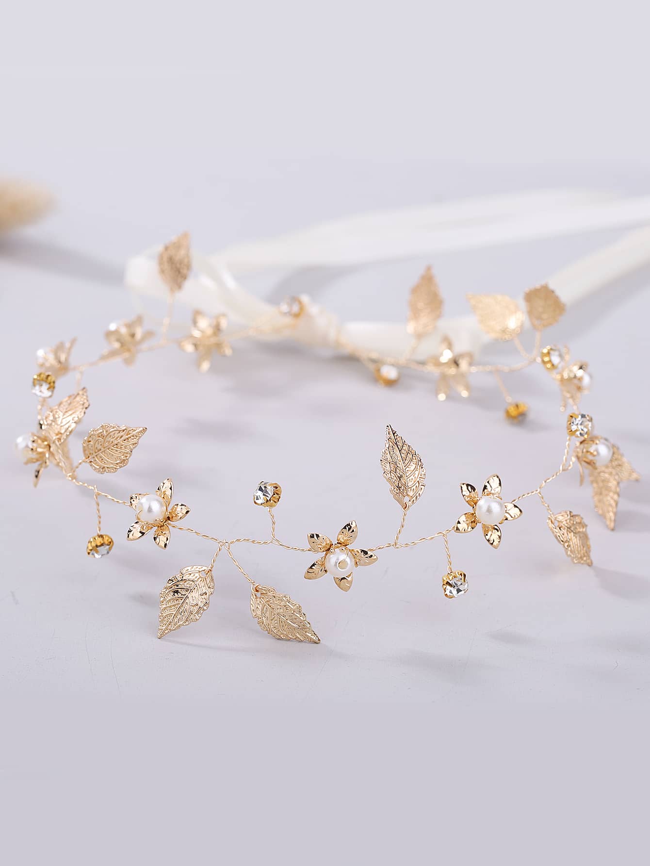 人造叶子人造珍珠装饰发箍波西米亚风头饰婚礼头饰情人节配饰 - 金色 - 查看 1