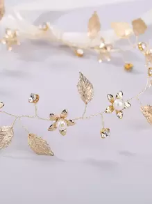 人造叶子人造珍珠装饰发箍波西米亚风头饰婚礼头饰情人节配饰 - 金色 - 查看 3