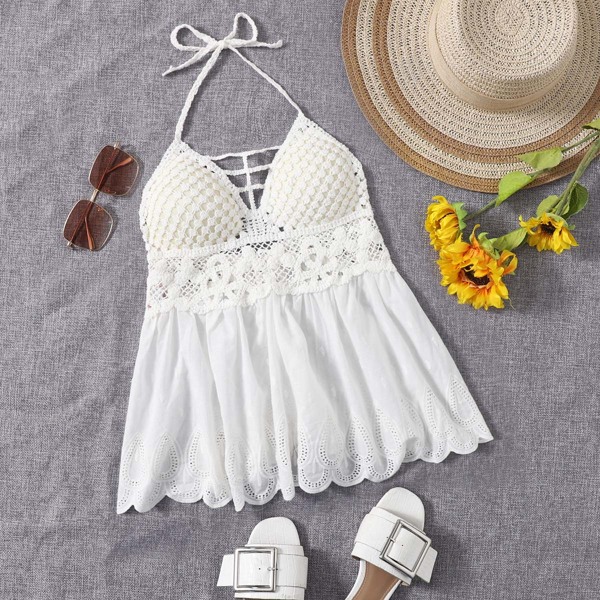 

Crochet Panel Tie Back Halter Cover Up, White