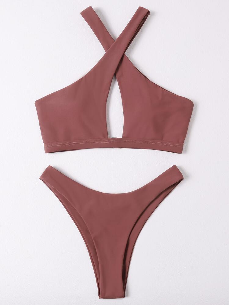 Criss Cross High Cut Bikini Set - Coffee Brown - View 3