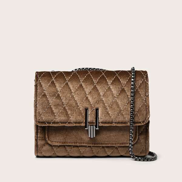 

Quilted Velvet Flap Chain Shoulder Bag, Brown
