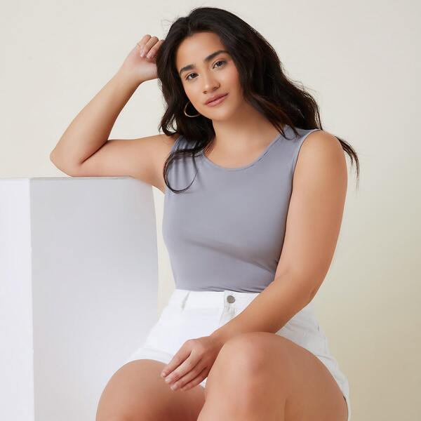 

Plus Sleeveless Solid Bodysuit, Light grey