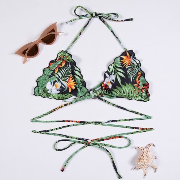 

Tropical Frill Trim Halter Bikini Top, Multicolor