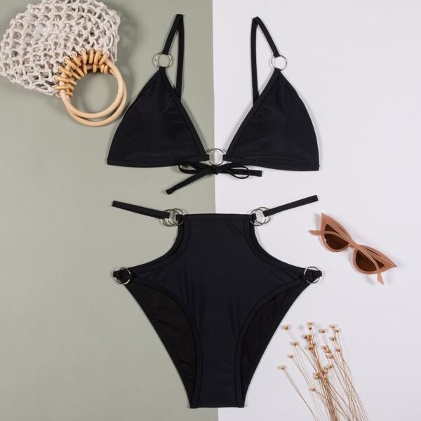 

Ring Linked Cut Out Bikini Swimsuit, Black