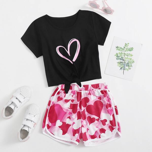 

Toddler Girls Heart Print Knot Hem Tee & Track Shorts, Multicolor