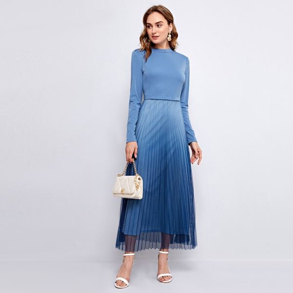 

Ombre Print Contrast Mesh Pleated Hem Dress, Blue
