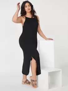SHEIN BASICS Plus Split Side Cami Dress - Black - View 5