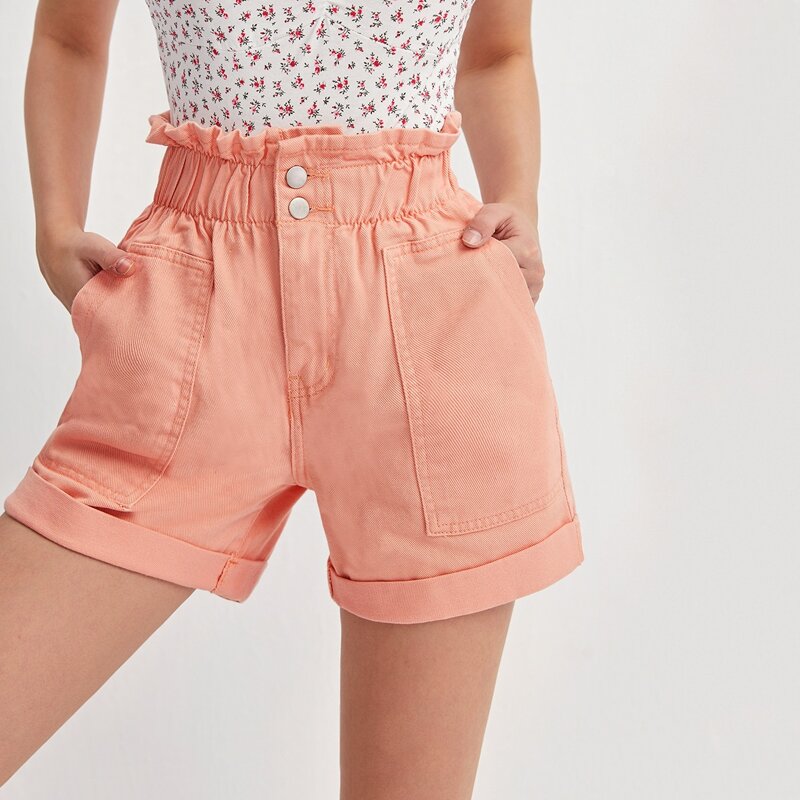 

Paper Bag Waist Denim Shorts, Coral orange