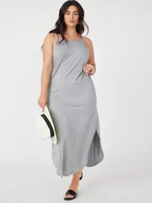 SHEIN BASICS 大碼側開衩吊帶連衣裙 - 灰色 - 查看 1