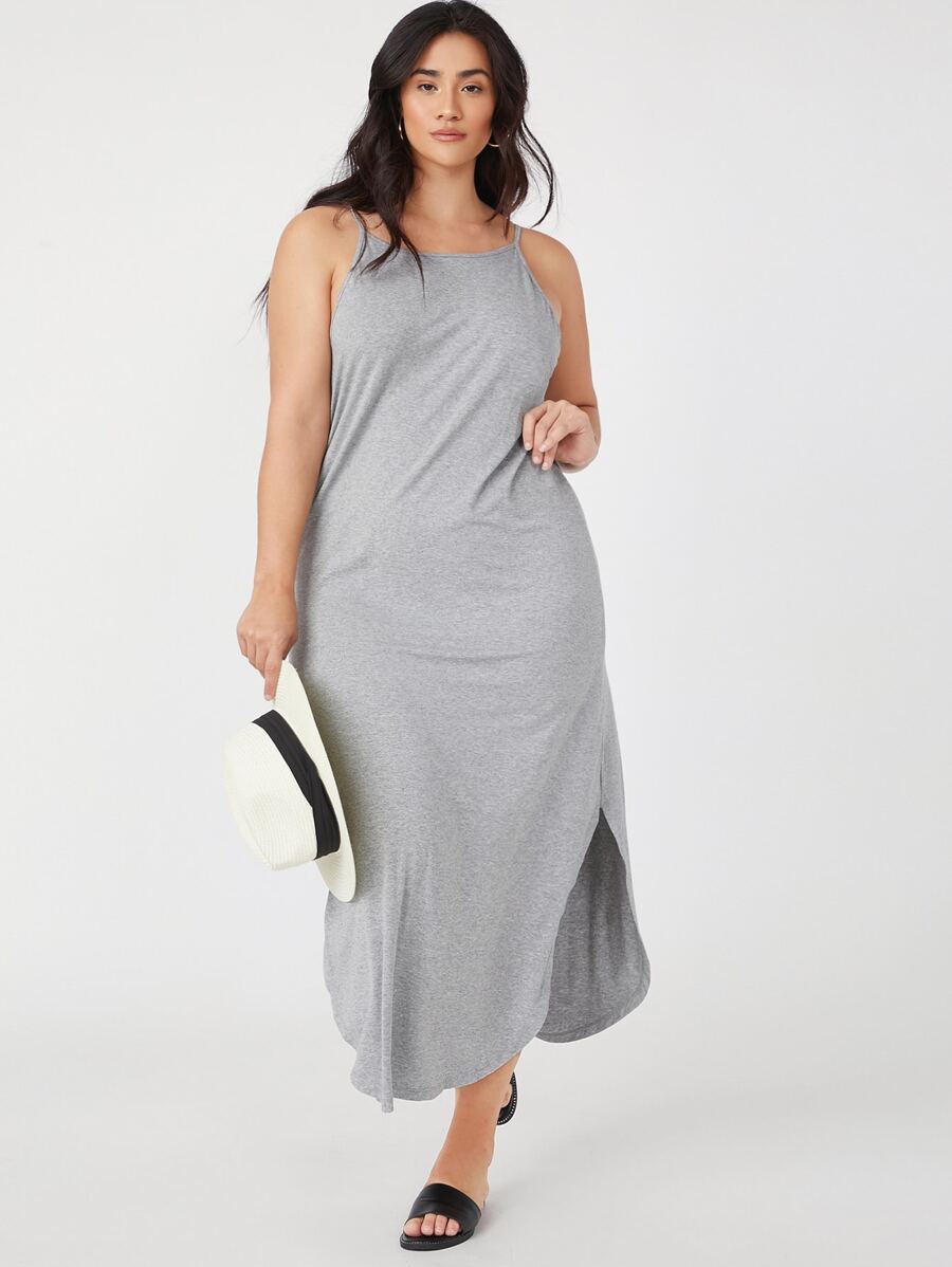SHEIN BASICS 大碼側開衩吊帶連衣裙 - 灰色 - 查看 1