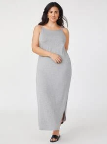 SHEIN BASICS 大碼側開衩吊帶連衣裙 - 灰色 - 查看 3