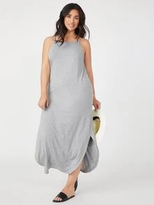 SHEIN BASICS 大碼側開衩吊帶連衣裙 - 灰色 - 查看 5