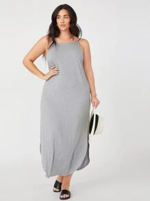 SHEIN BASICS 大碼側開衩吊帶連衣裙 - 灰色 - 查看 6