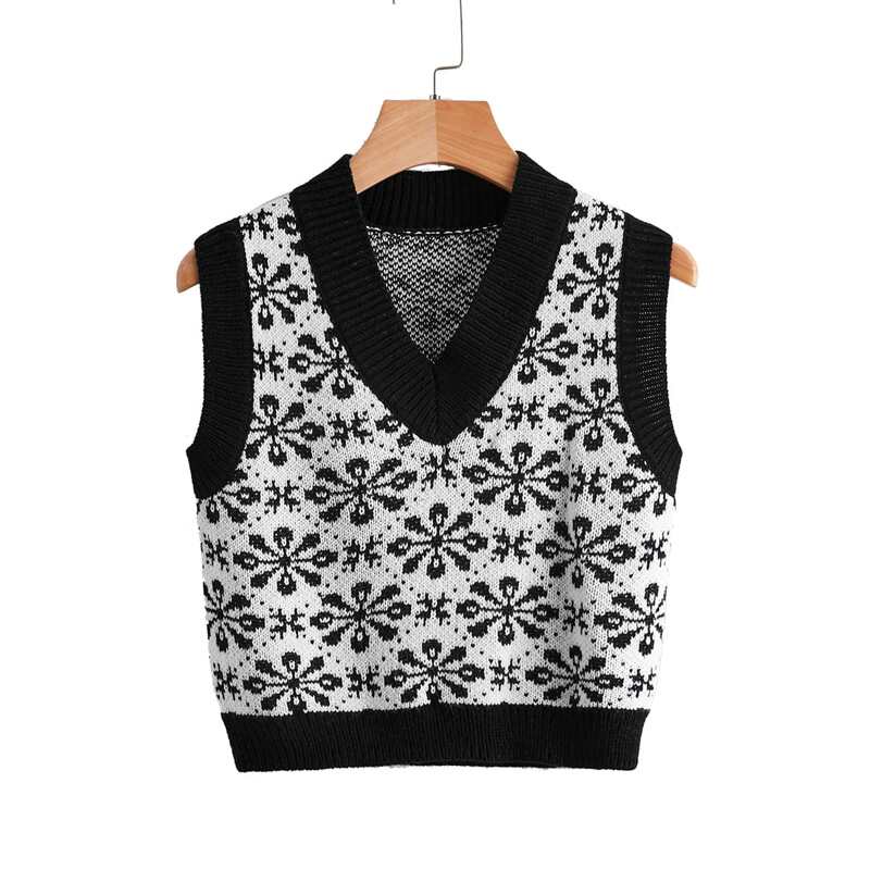 

Floral Pattern Sweater Vest, Black and white