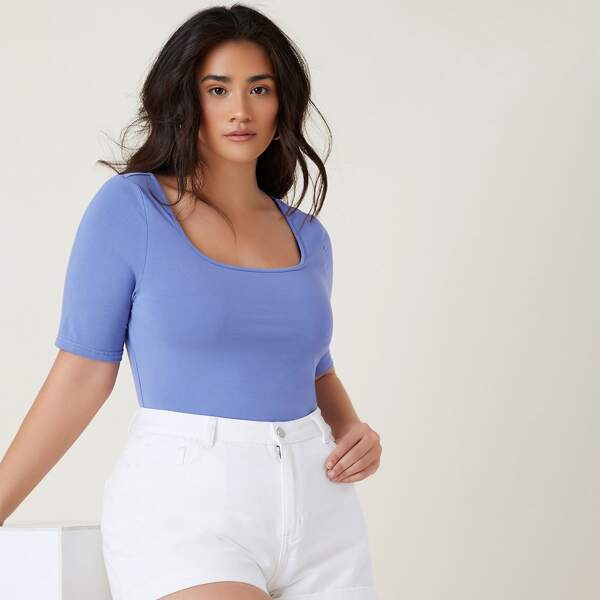 

Plus Square Neck Solid Bodysuit, Blue