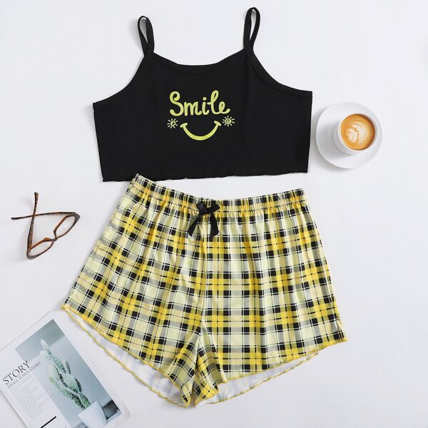 

Plus Letter And Plaid Print Cami PJ Set, Multicolor