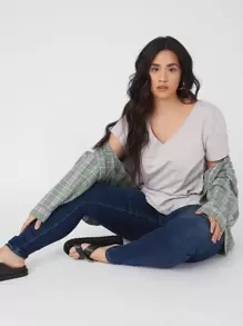 SHEIN BASICS Plus Cotton V-Neck Top - Light Grey - View 1
